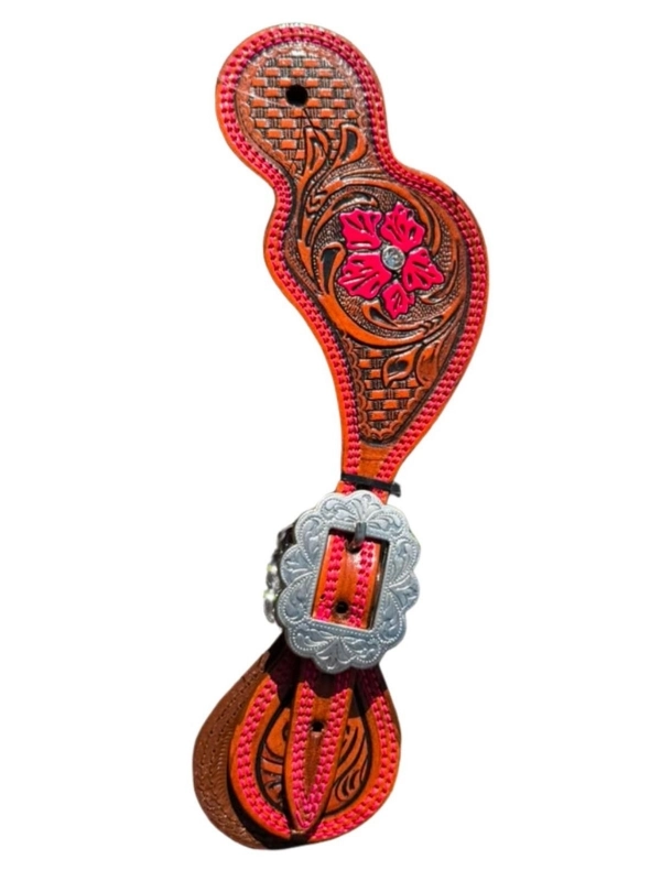 Correia de Espora Rc  Rosa Floral em Couro